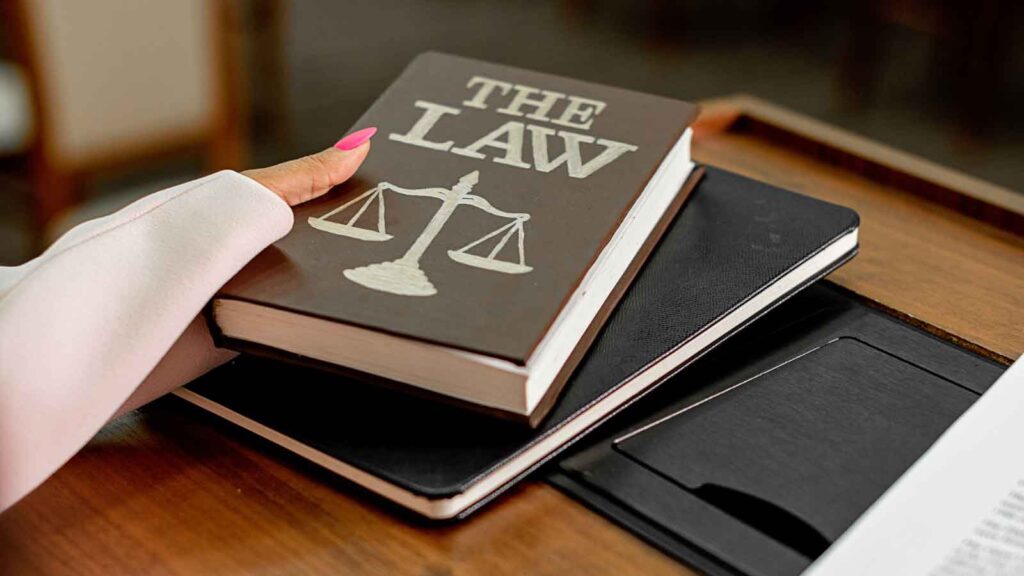Hand holding a law book with justice scales on the cover.
