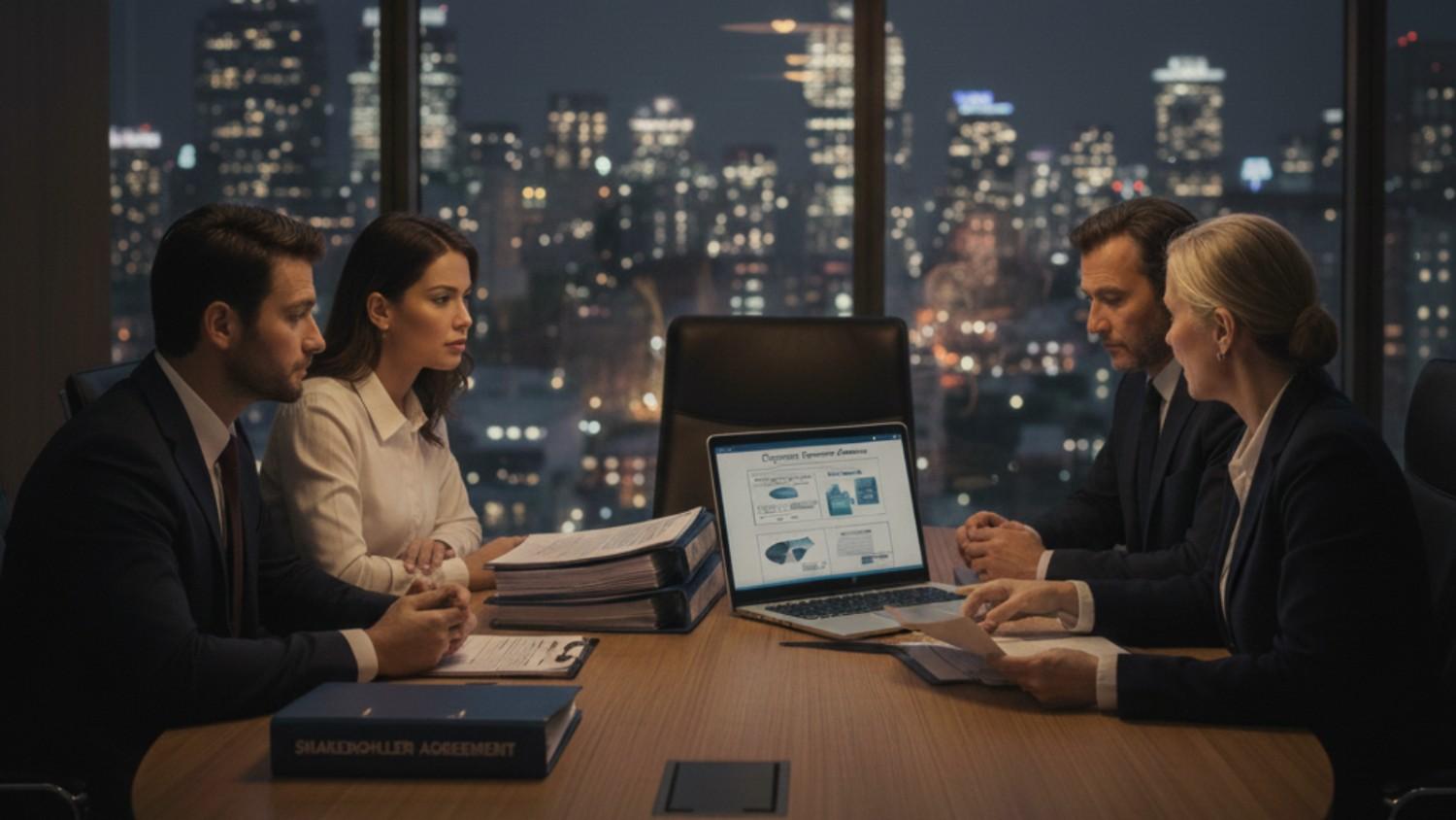 Executives meeting with a corporate attorney reviewing documents to resolve a shareholder dispute.