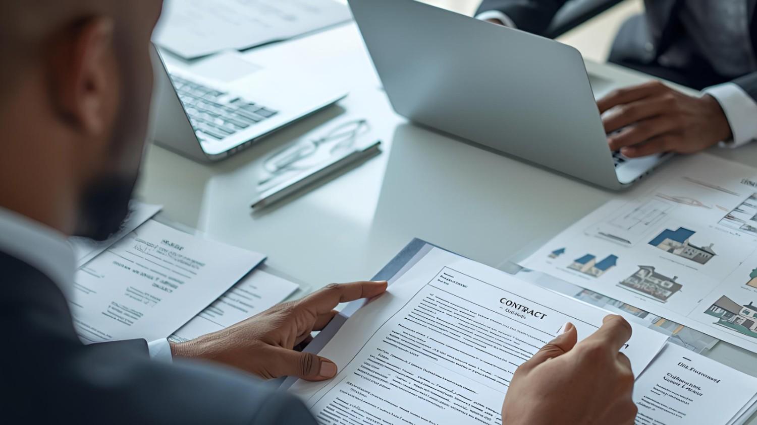Attorney and client reviewing commercial real estate documents at a conference table.