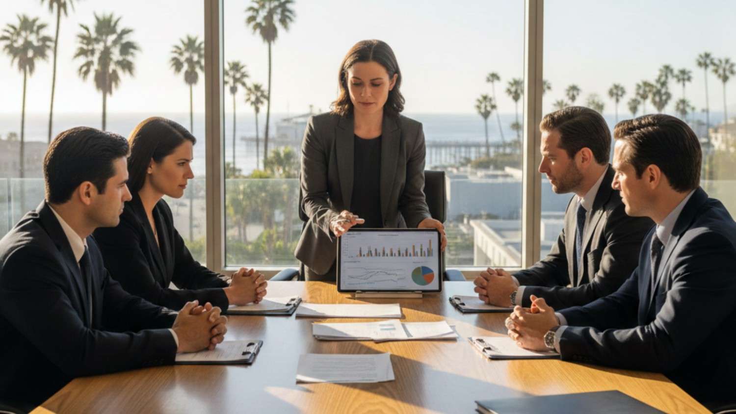 Business owners in a modern California boardroom discussing shareholder disputes.
