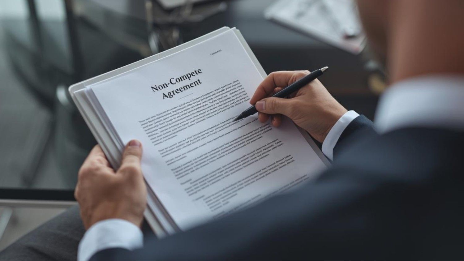A professional reviewing a non-compete agreement on a glass work desk