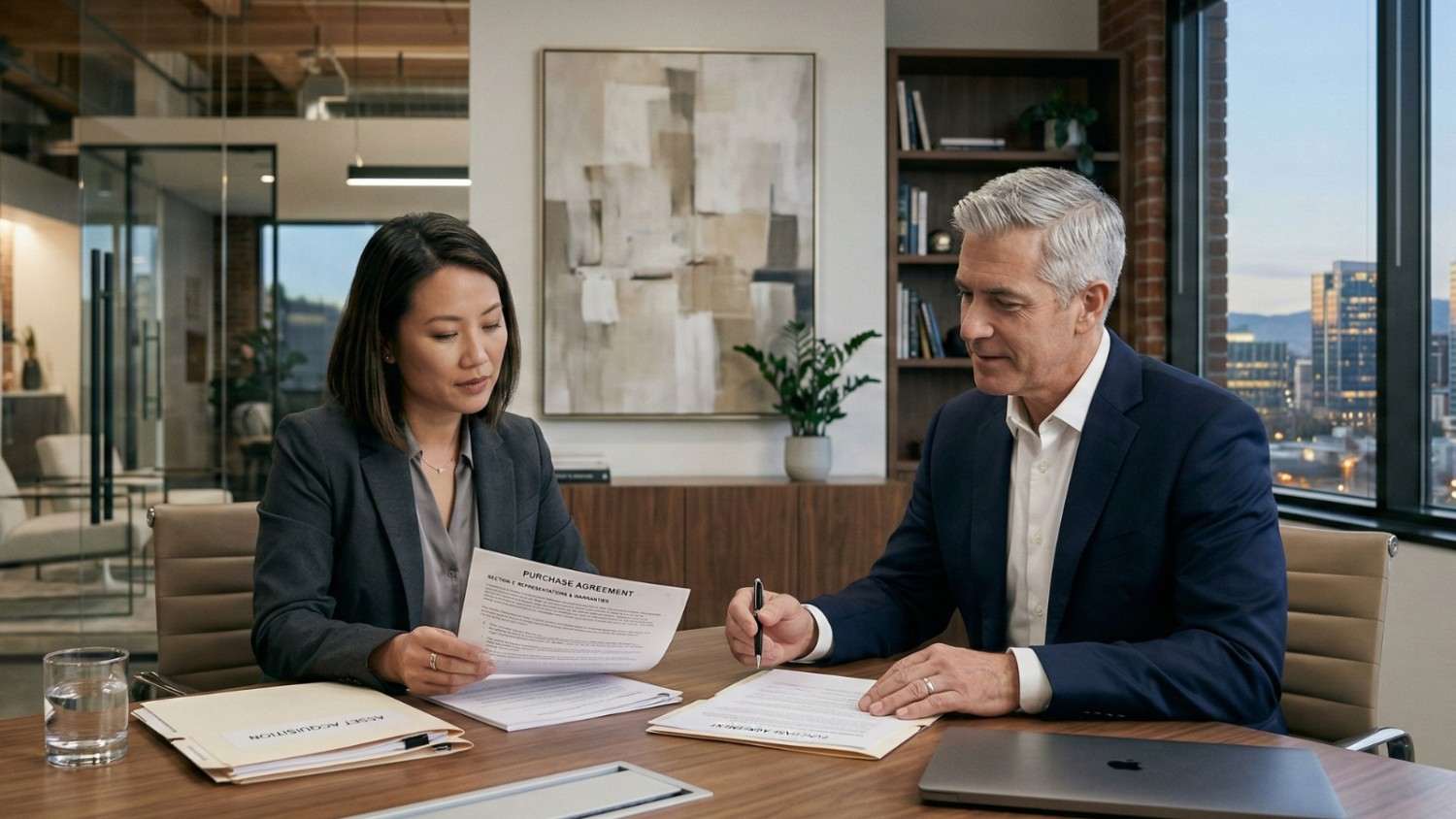 A business owner and an attorney reviewing a detailed purchase agreement across a conference table.