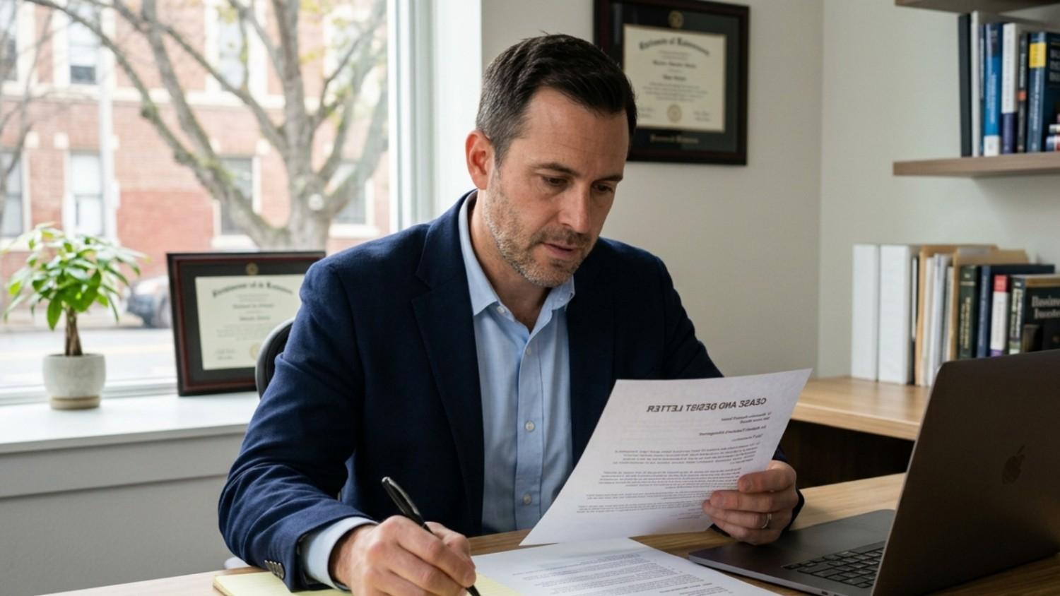 A man in a blue blazer and light blue shirt sitting at a wooden desk, focused on reading a document titled 'CEASE AND DESIST LETTER'.