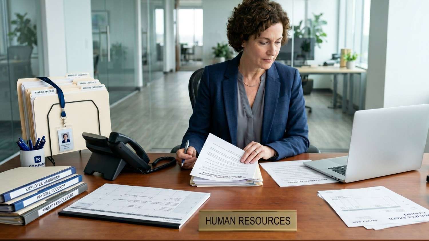 An HR manager reviewing worker classification documents on a desk.