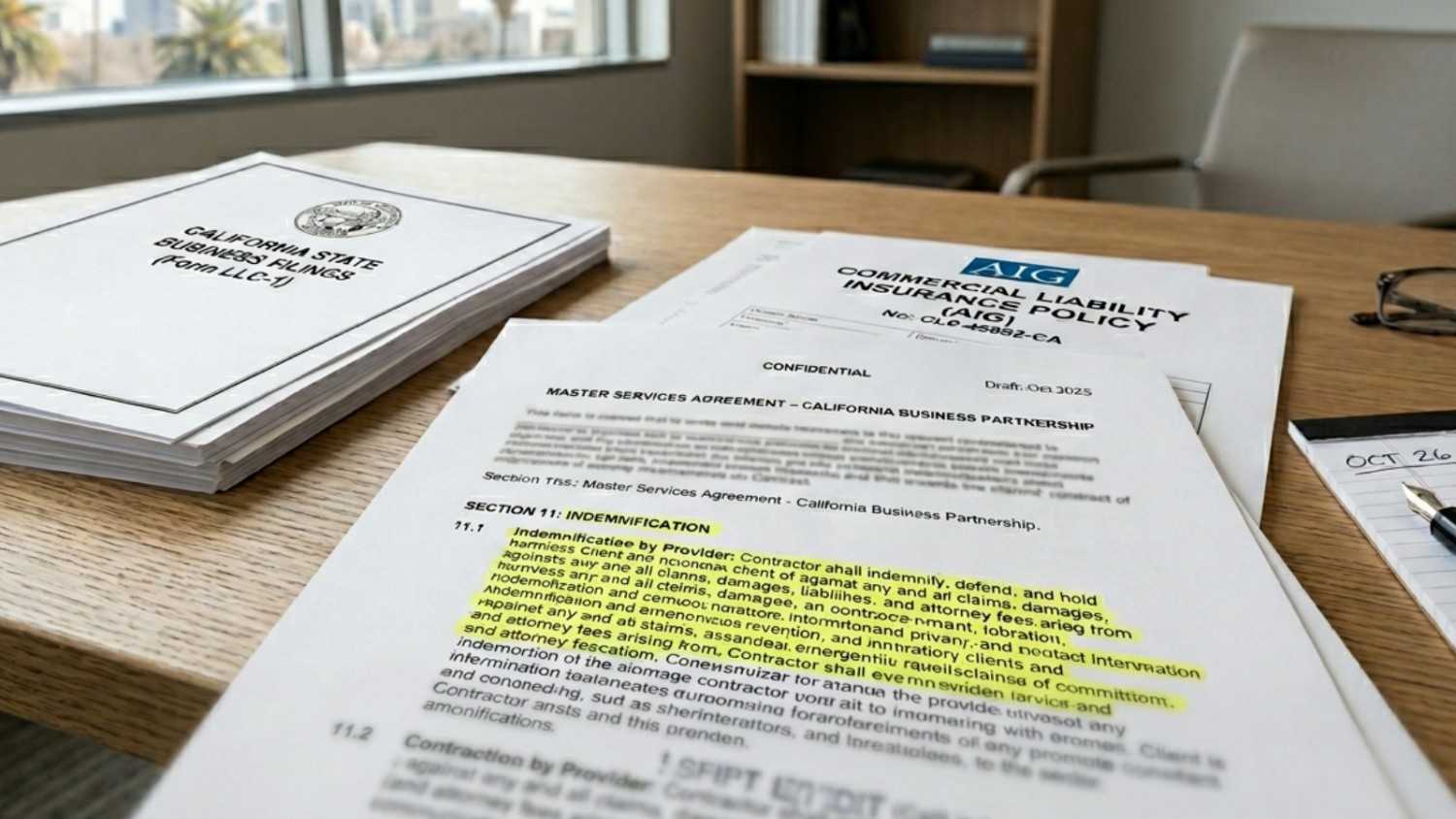 Close-up of a California business contract with an indemnification clause highlighted, legal paperwork, and insurance documents on a desk.