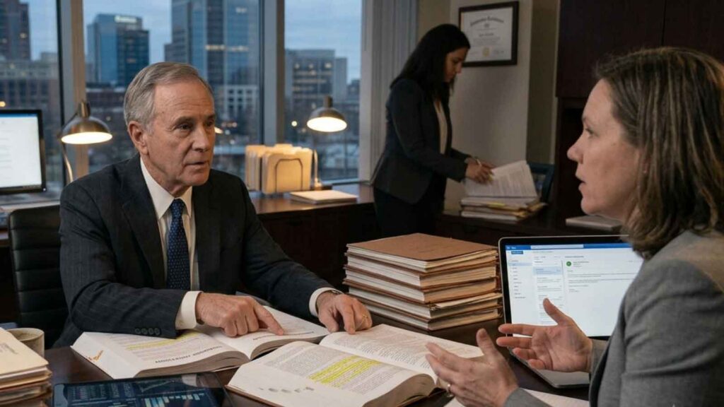 A female business owner consults with a male attorney in an office overlooking city buildings.
