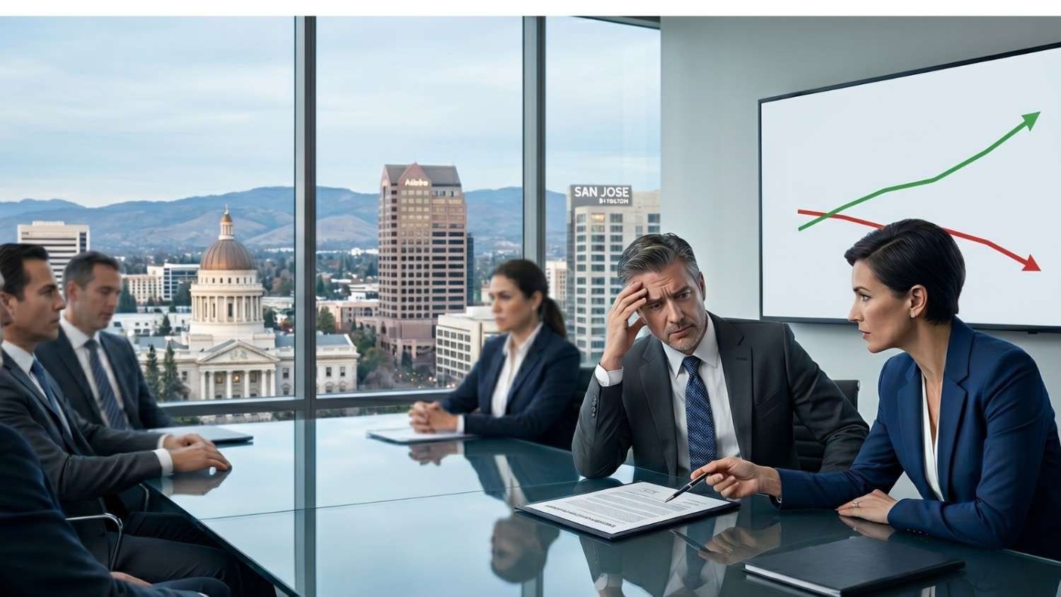 A corporate boardroom meeting where executives are seated around a glass table; in the foreground, a woman in a blue suit uses a pen to explain a document to a stressed-looking man, while a wall monitor displays a simple line chart with green and red trend lines.