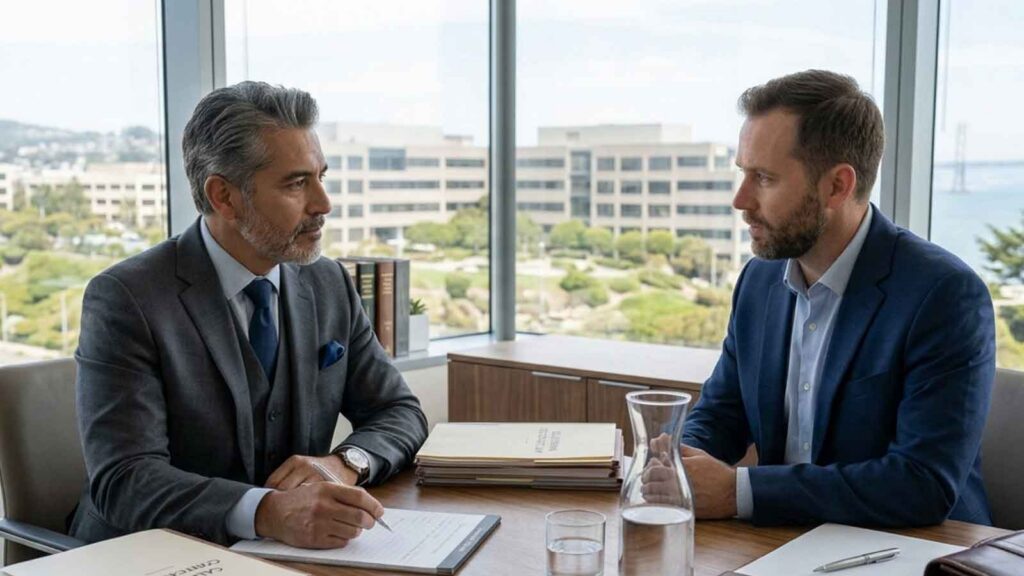 In a modern office, a lawyer in a three-piece grey suit takes notes during a consultation with a male client.