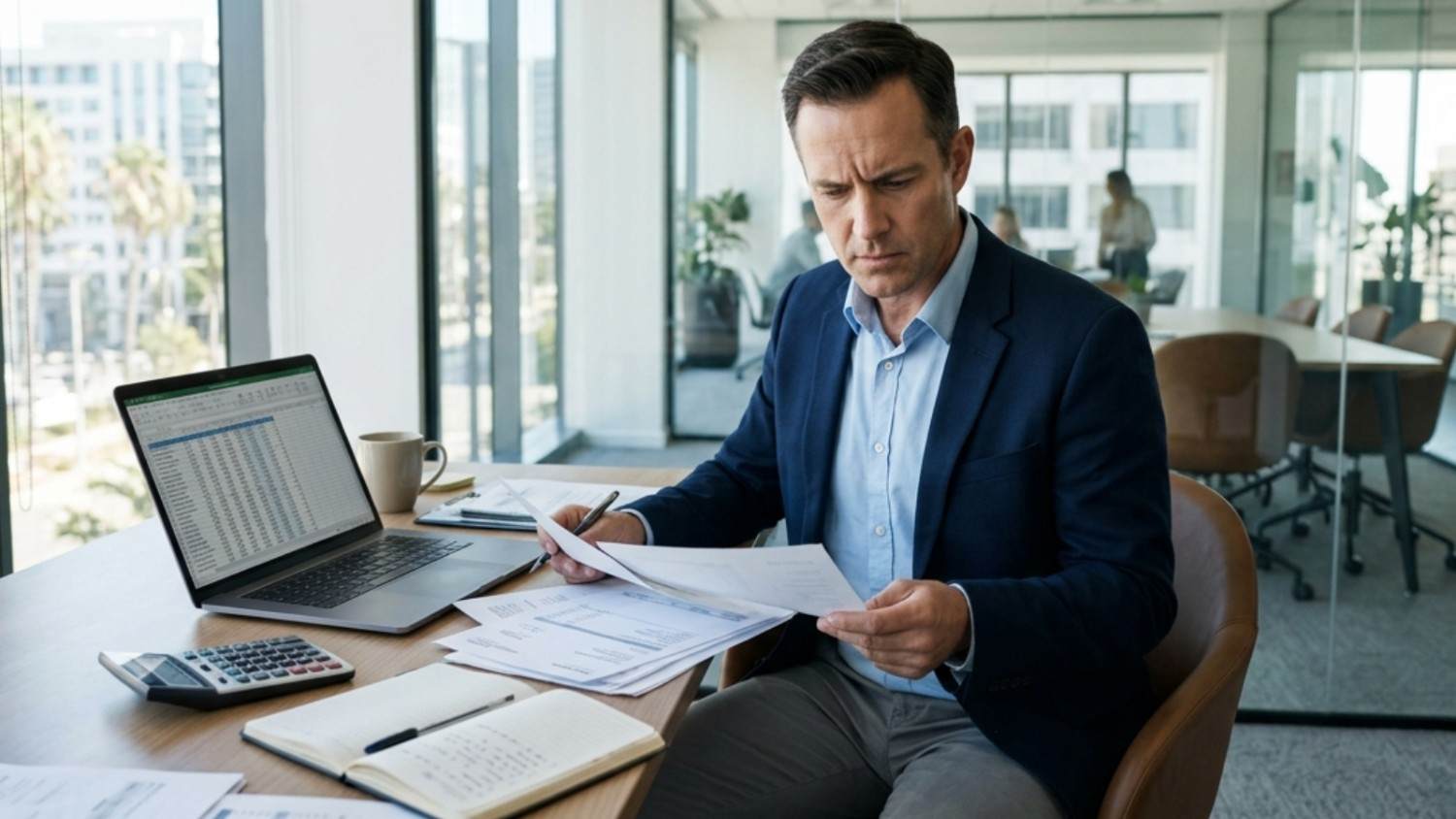 A focused businessman in a suit and blazer carefully reviews printed financial documents and a complex spreadsheet on a laptop while working at a wooden desk in a glass-walled, sunlit office with a city view.