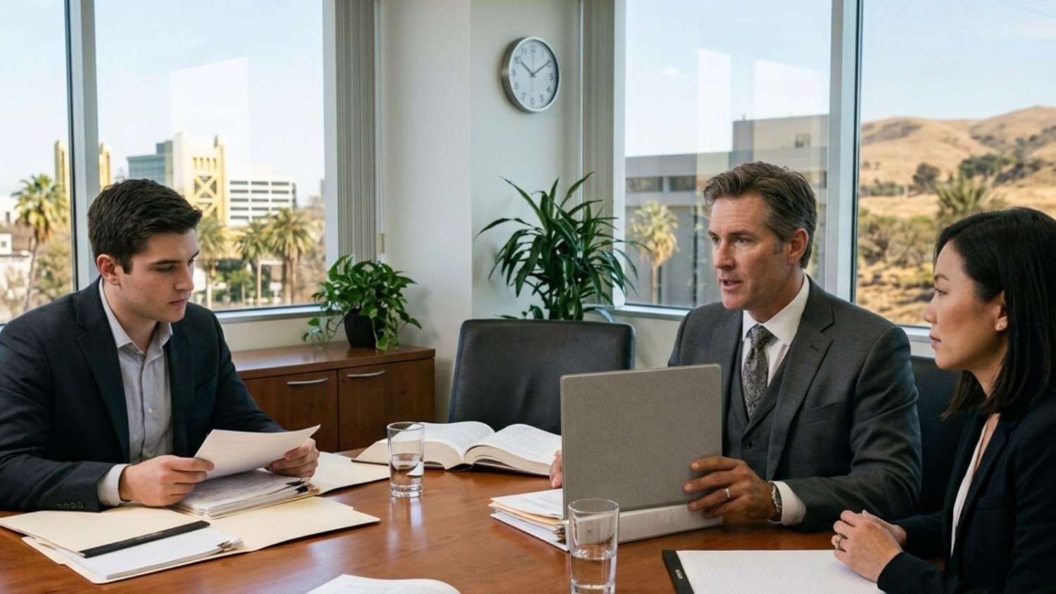 In a modern office with large windows, a lawyer leads a discussion with two colleagues while reviewing documents around a large,