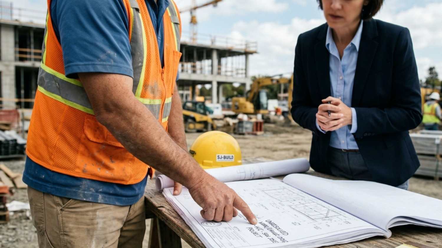 A construction worker points to plans and documents on a table for a woman in a business suit at a job site in San Jose.