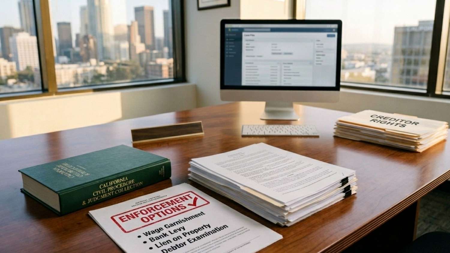 A professional desk in a high-rise office holds a stack of files labeled "CREDITOR RIGHTS" and documents detailing "ENFORCEMENT OPTIONS," including "Wage Garnishment" and "Bank Levy."