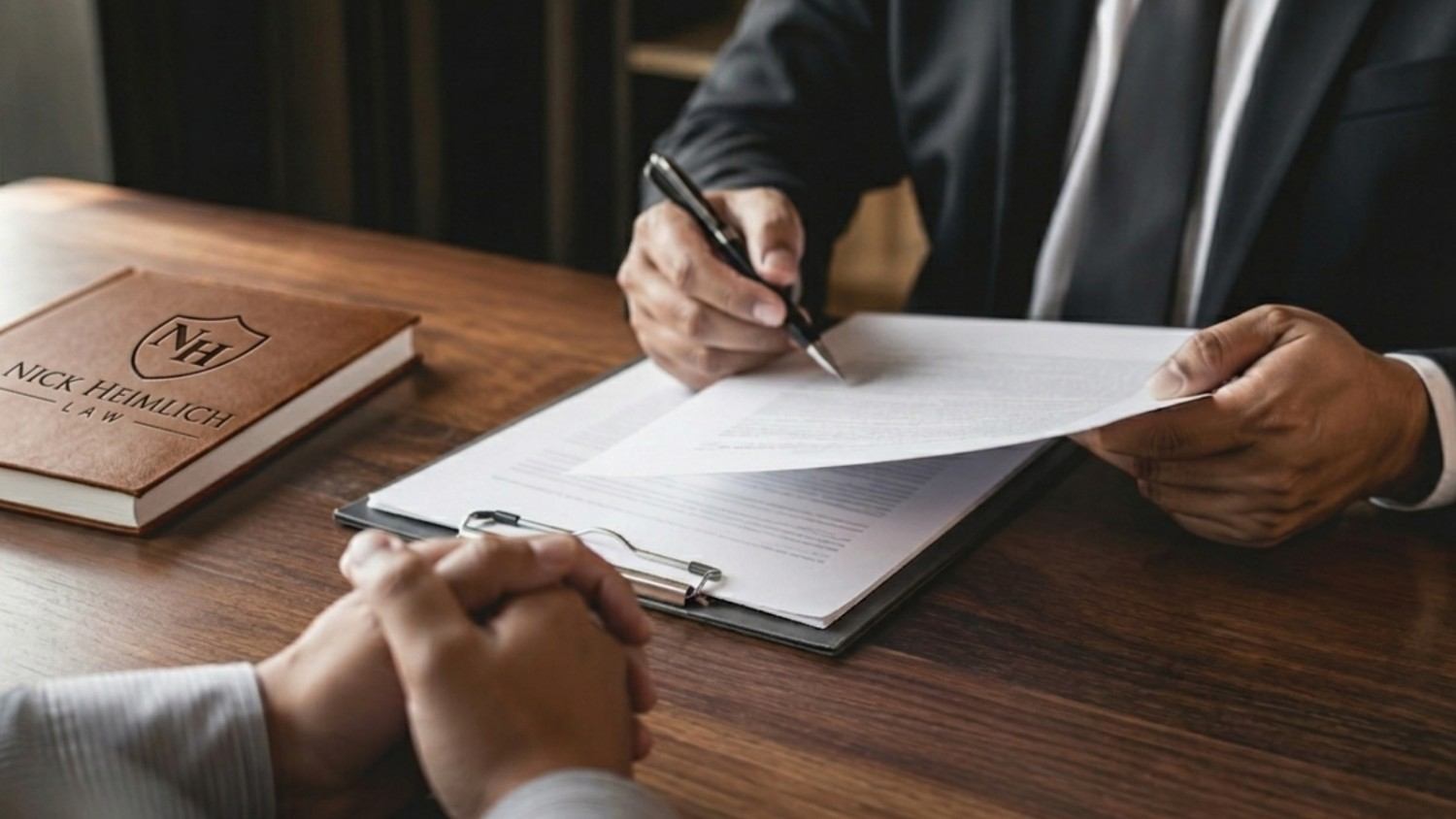 A close-up image of an attorney reviewing legal employment documents with a client at a wooden desk featuring a notebook embossed with the Nick Heimlich Law logo