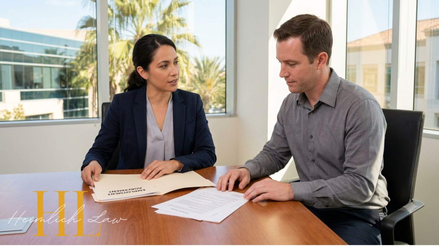 A candid photograph in a conference room shows a female attorney holding a folder titled "Employment Agreement" and discussing it with a male executive.