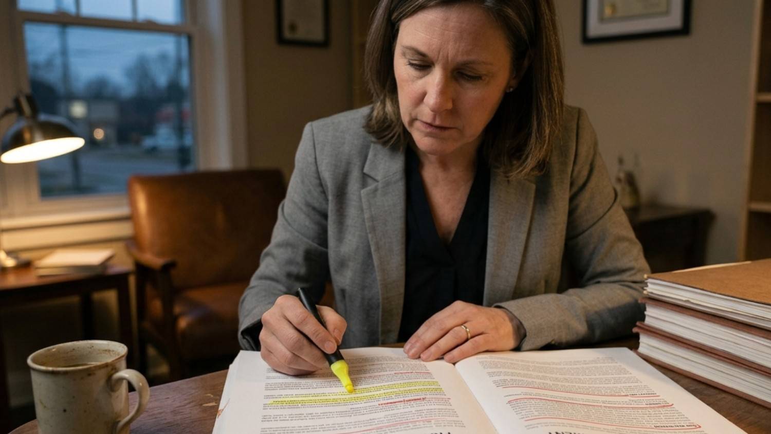 A businesswoman in a home office reviews a "FRANCHISE AGREEMENT" document, highlighting text and flagging potential red flags.