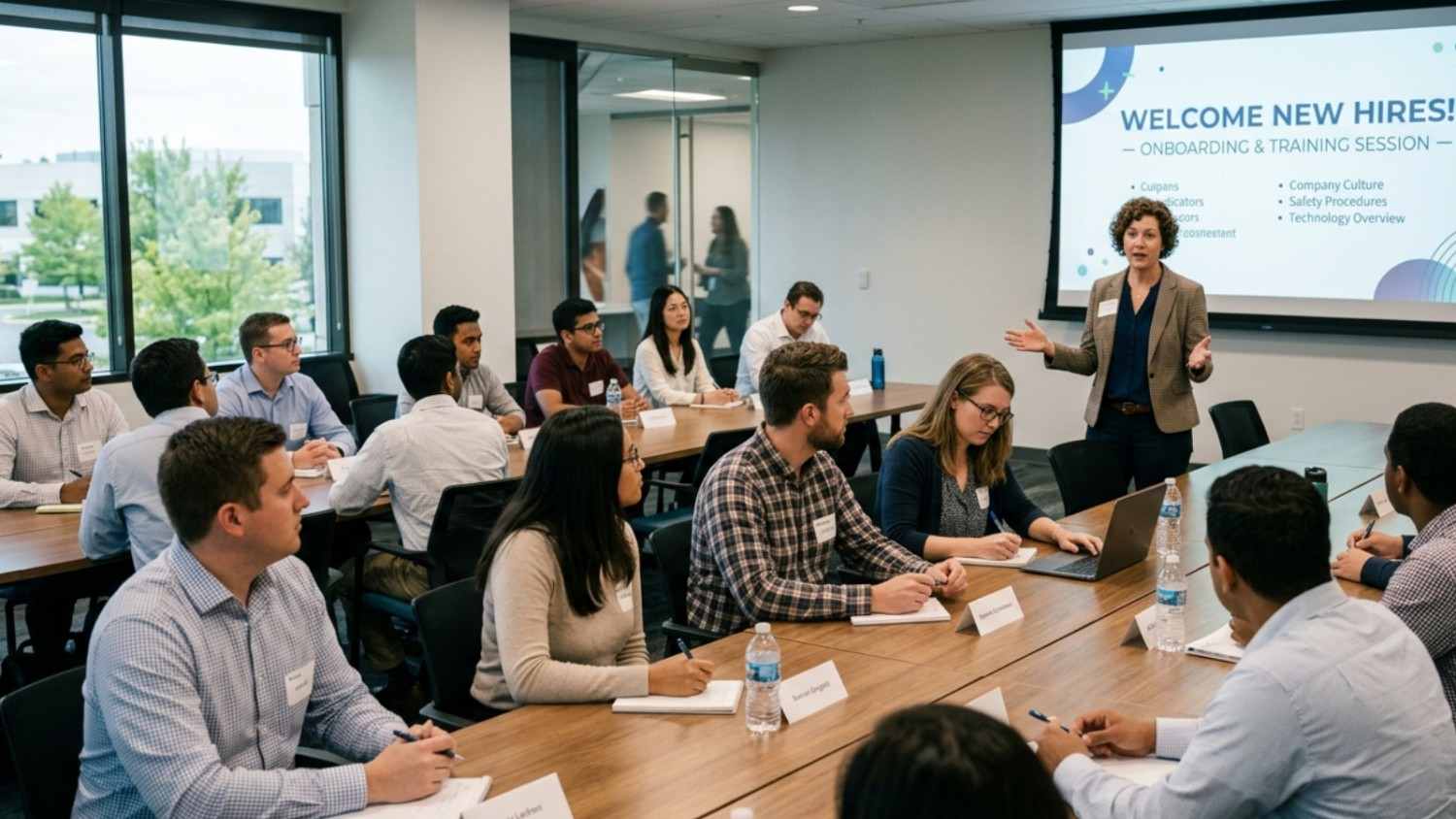 A presenter leads a training session for new hires in a modern conference room, where attendees are seated at long tables with notebooks and laptops, looking towards a screen displaying "WELCOME NEW HIRES!"
